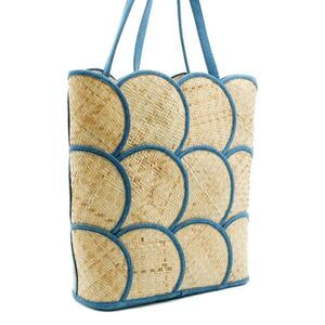 Poolside Denim Trim Scallop Straw Wicker Tote Beach/Bag